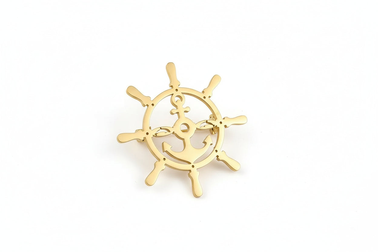 18K Gold Plated Rudder & Anchor Brooch
